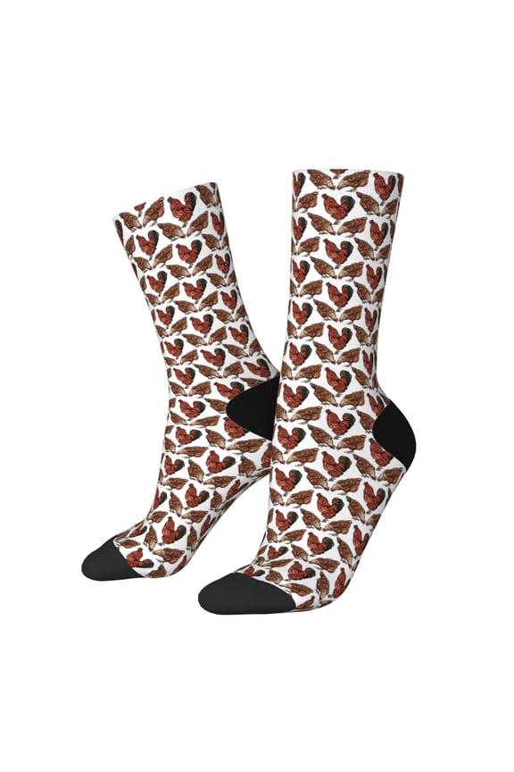A Rooster With Chickens Print Contrast Color Mid-calf Socks, Sweat-wicking Athletic Socks, Unisex Clothing Accessories