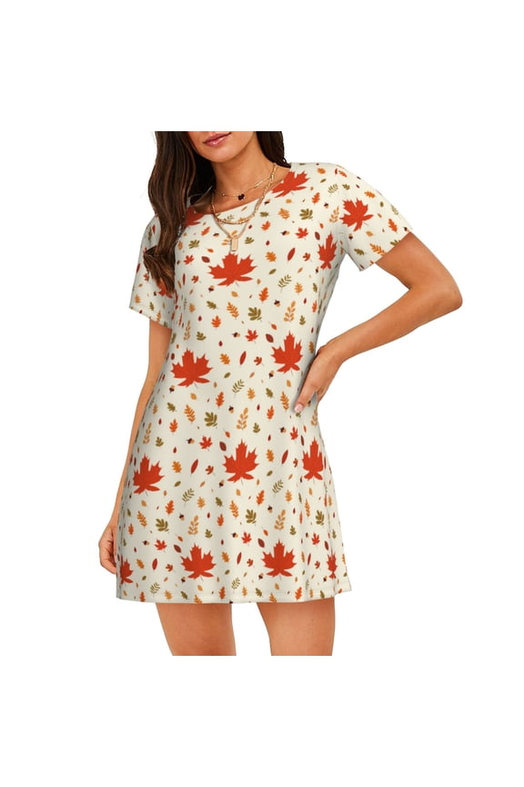 A Simple Autumn Print Women's Nightgown, A-line Round Neck Short-sleeved Nightgown Pajamas Home Wear Suitable for Home and Outing