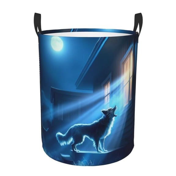 Gukieu A Wolf Barks Out A Window Print Round Dirty Clothes Bag, Waterproof Standing Home Bathroom Storage Basket Car Trunk Storage Bag-