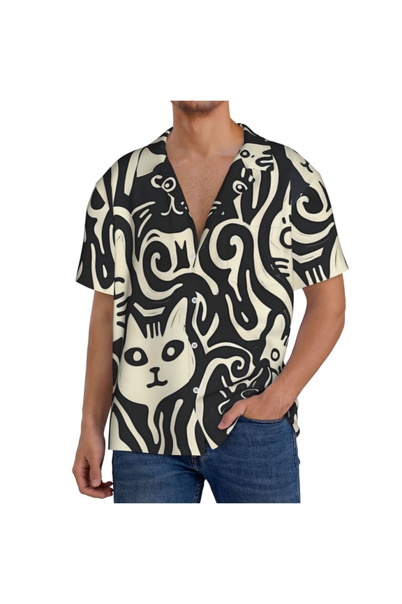 Abstract Cat Faces Pattern Print Men's Short-sleeved Shirts, Button-down Pocket Shirts, T-shirts, Beach Vacation Travel Summer Clothing-Medium
