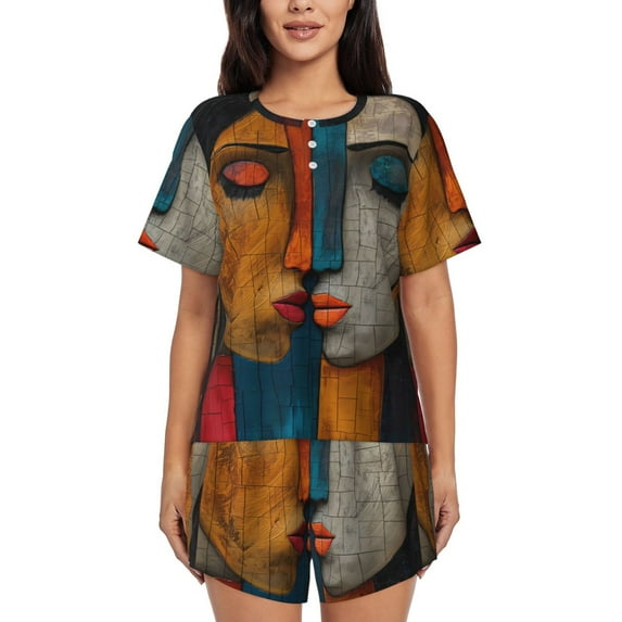 Gukieu Abstract Colorful Duality Print Women's Short-sleeved Pajama Set, Round Neck Button Top Elastic Shorts 2-piece Set, Summer Home Leisure Clothing-XX-Large