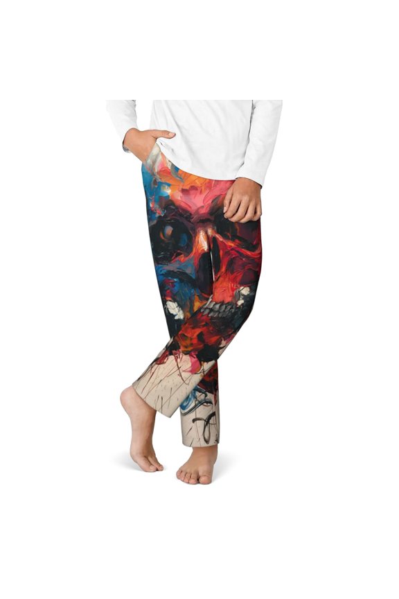 Abstract Colorful Skull Art Print Youth Home Trousers, Elastic Waistband with Pockets for Home and Outing, Suitable for Children Aged 5-16-XS(5-6)