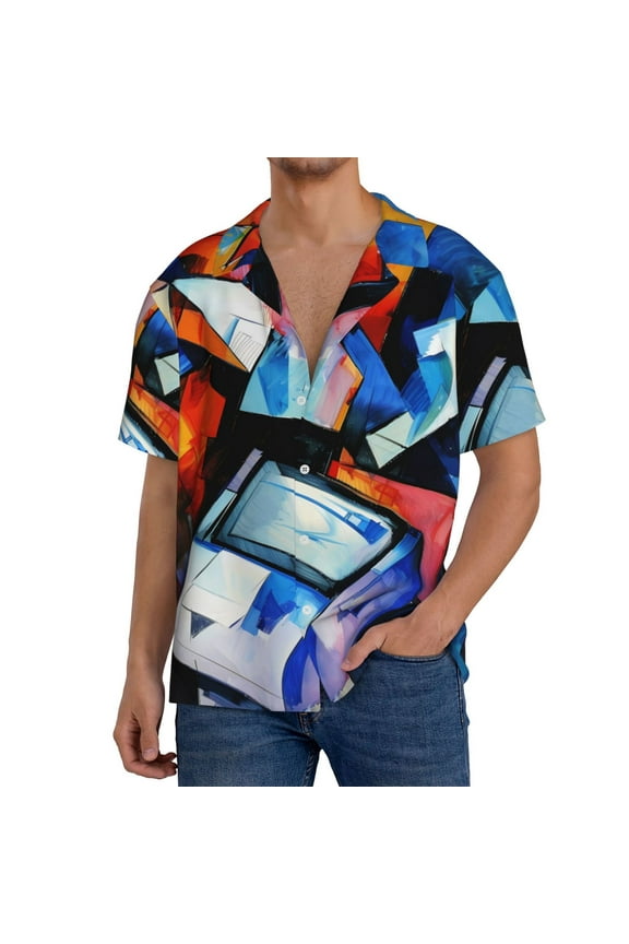Abstract Cubist Printer Print Men's Short-sleeved Shirts, Button-down Pocket Shirts, T-shirts, Beach Vacation Travel Summer Clothing-Small
