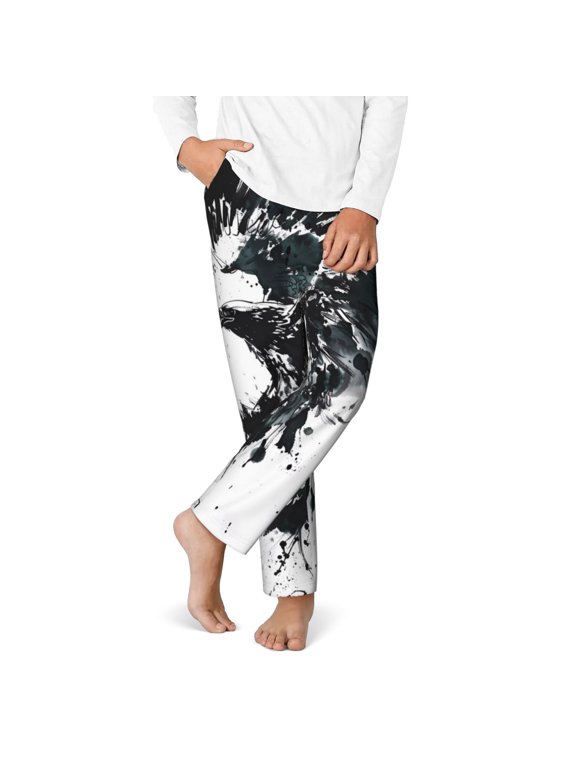 Abstract Eagle Ink Print Youth Home Trousers, Elastic Waistband with Pockets for Home and Outing, Suitable for Children Aged 5-16-XS(5-6)