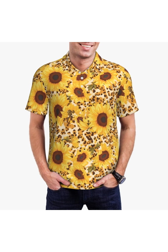 Abstract Leopard Print Sunflower Print Men's Quick-drying POLO Shirt, Button-down Summer T-shirt, Suitable for Work and Outdoor Activities-4X-Large