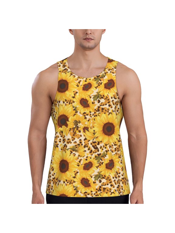 Abstract Leopard Print Sunflower Print Men's Quick Dry Fitness Vest, Round Neck Sleeveless Fitness Bodybuilding Top-3X-Large