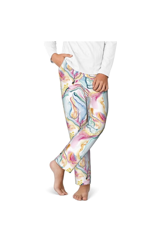 Abstract Marble Texture Print Youth Home Trousers, Elastic Waistband with Pockets for Home and Outing, Suitable for Children Aged 5-16-Large