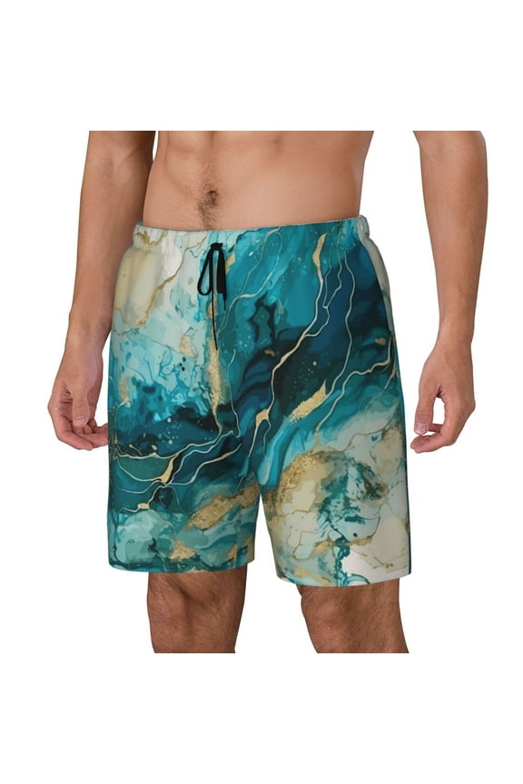 Abstract Ocean Currents Print Men's Double Layer Sports Swim Trunks, Quick Dry Adjustable Waist Swim Shorts Swimwear-Large