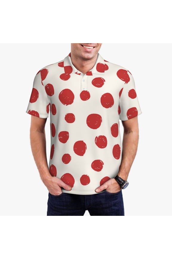 Abstract Red Polka Dot Print Men's Quick-drying POLO Shirt, Button-down Summer T-shirt, Suitable for Work and Outdoor Activities-Small