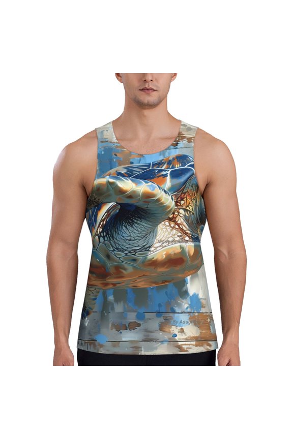 Abstract Sea Turtle Print Men's Quick Dry Fitness Vest, Round Neck Sleeveless Fitness Bodybuilding Top-3X-Large