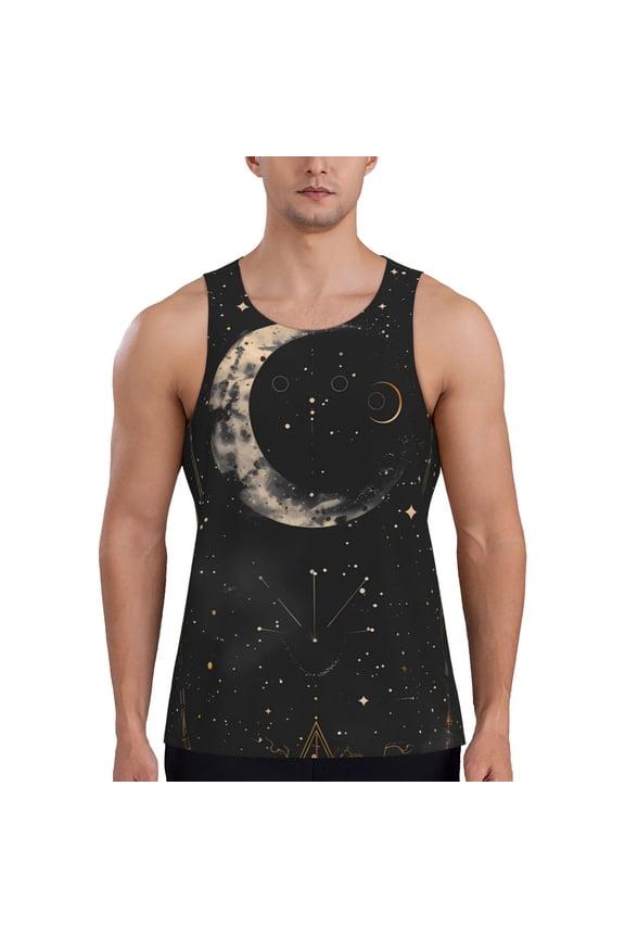 Abstract Starry Sky Moon Print Men's Quick Dry Fitness Vest, Round Neck Sleeveless Fitness Bodybuilding Top-Small