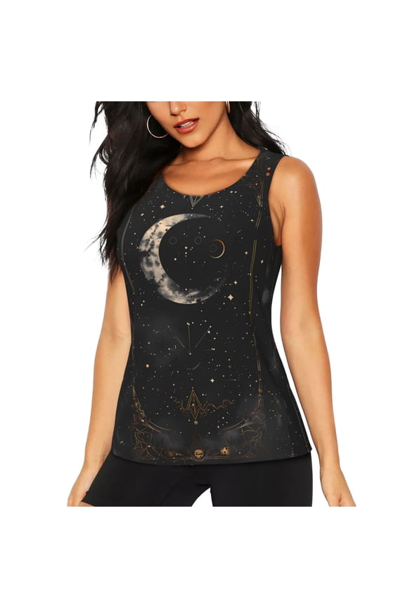 Abstract Starry Sky Moon Print Women's Quick-drying Fitness Vest, Round Neck Sleeveless Fitness T-shirt, Suitable for Yoga, Sports-Medium