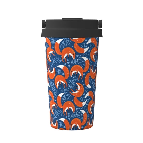 Gukieu Abstract Vintage Fox and Plants Print Insulated Coffee Cup, Portable Stainless Steel Vacuum Cup with Lid, Unisex, Suitable for Office, Cafe, Car