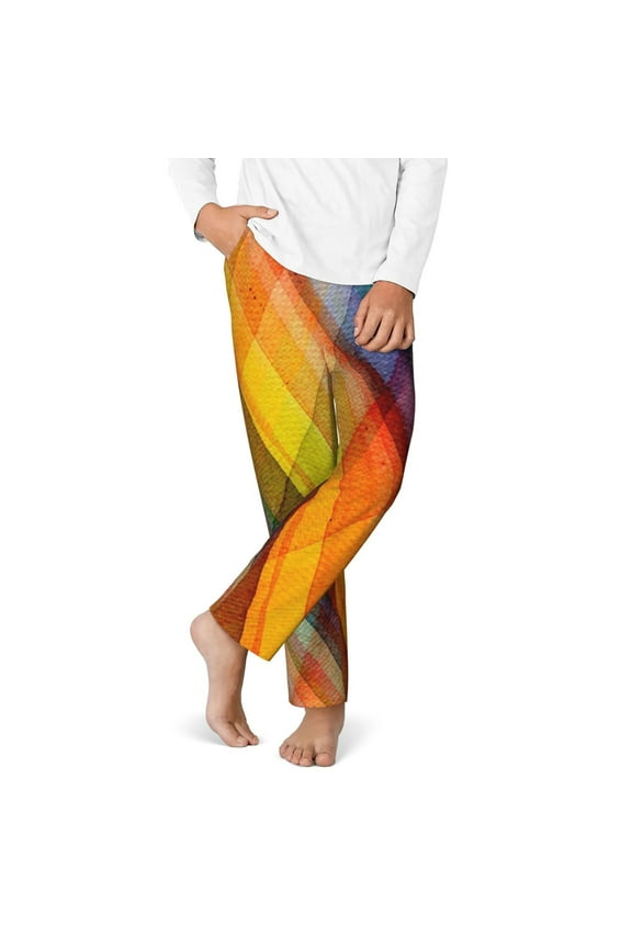 Abstract Watercolors Tartan Print Youth Home Trousers, Elastic Waistband with Pockets for Home and Outing, Suitable for Children Aged 5-16-XS(5-6)