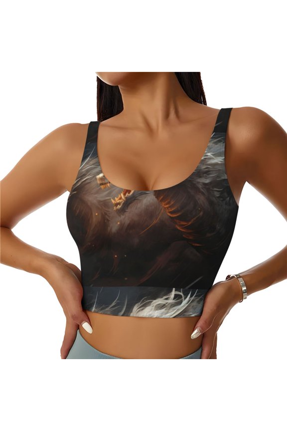 Abstract White Dragon Print Women's Sports Vest, Low-neck U-shaped Removable Pad Sports Bra for Yoga, Exercise, Dance-Large
