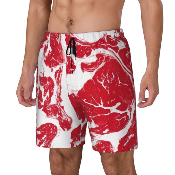 Gukieu Abstract meat Print Men's Double Layer Sports Swim Trunks, Quick Dry Adjustable Waist Swim Shorts Swimwear-Large