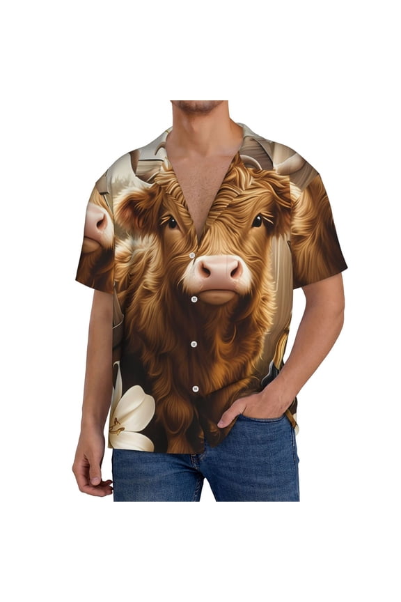 Adorable Calf Butterflies Champagne Print Men's Short-sleeved Shirts, Button-down Pocket Shirts, T-shirts, Beach Vacation Travel Summer Clothing-Medium