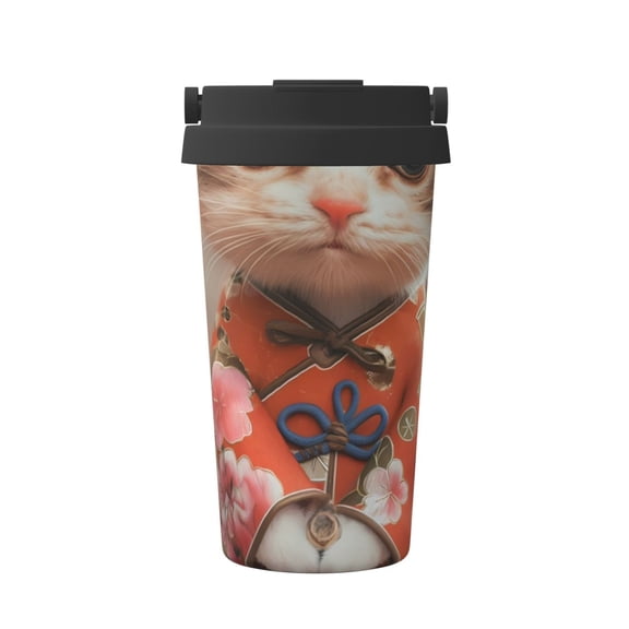 Gukieu Adorable Kitten In Kimono Print Insulated Coffee Cup, Portable Stainless Steel Vacuum Cup with Lid, Unisex, Suitable for Office, Cafe, Car