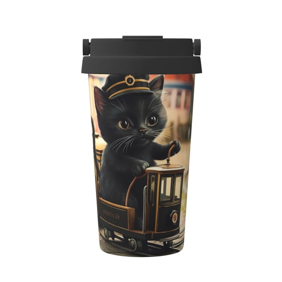 Gukieu Adorable Kitten On Mini Train Print Insulated Coffee Cup, Portable Stainless Steel Vacuum Cup with Lid, Unisex, Suitable for Office, Cafe, Car