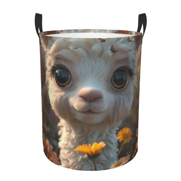 Gukieu Adorable Llama In Flowers Print Round Dirty Clothes Bag, Waterproof Standing Home Bathroom Storage Basket Car Trunk Storage Bag-