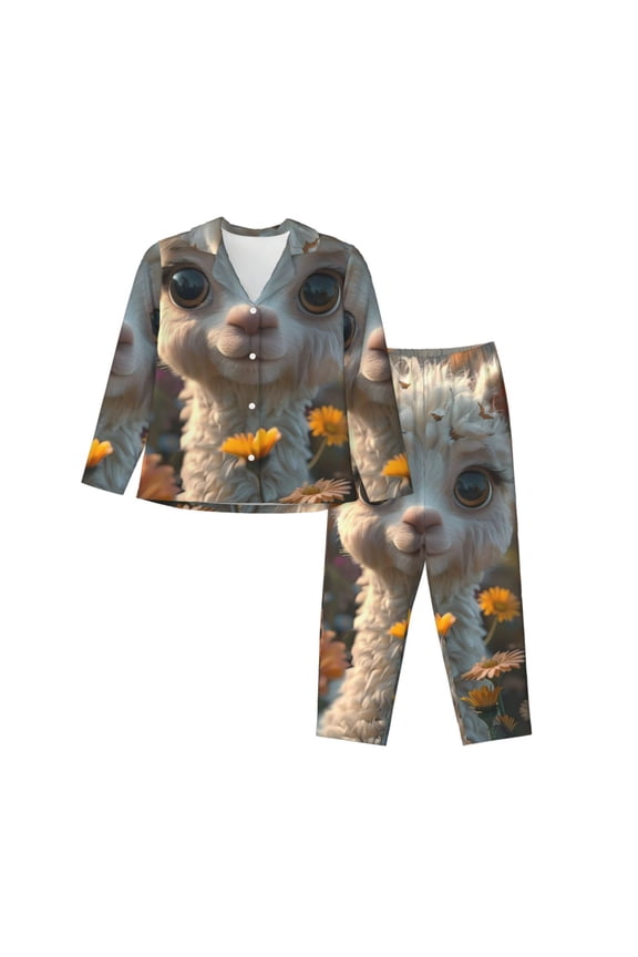 Adorable Llama In Flowers Print Women's Long Sleeve Pajama Set, Button Top Elastic Pocket Pajama Pants Two Piece Set Home Wear-Medium
