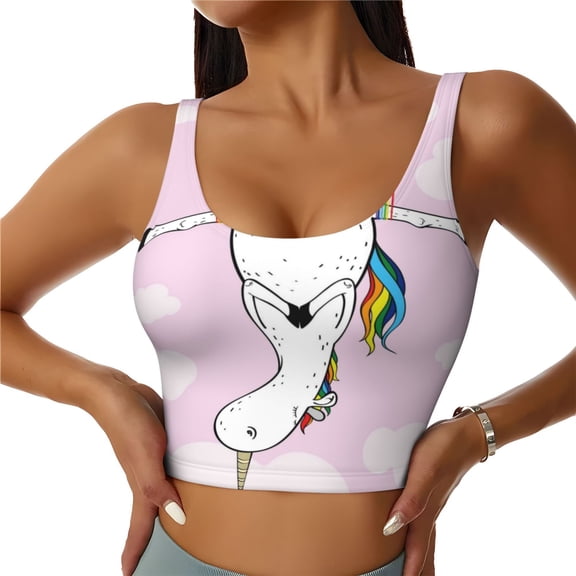 Gukieu Aerial Yoga for Unicorn Print Women's Sports Vest, Low-neck U-shaped Removable Pad Sports Bra for Yoga, Exercise, Dance-Medium