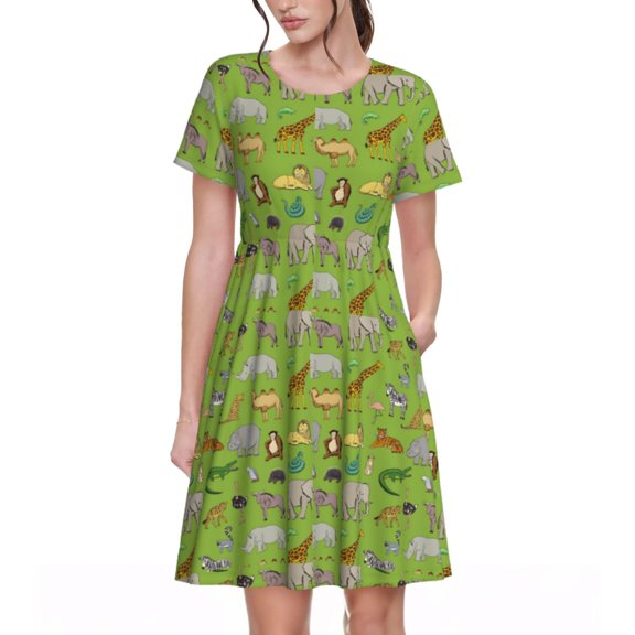 Gukieu African Animals 1 Print Women's Short Sleeve Dress, Elastic Waistband A-line with Pockets Summer Dress, Suitable for Daily Leisure, Work, Vacation