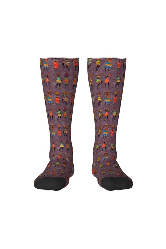 African Women Print Contrast Color Stockings, Elastic Sports Socks Warm Socks Clothing Accessories, Adult Unisex