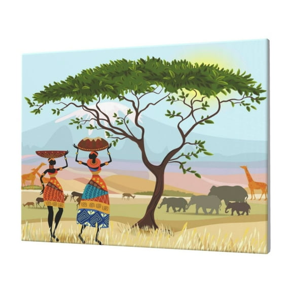 Gukieu African Women Print Horizontal Canvas Decorative Painting 12x16 Inch Shrinkage Resistant Frame Hanging Home Wall Art Decor