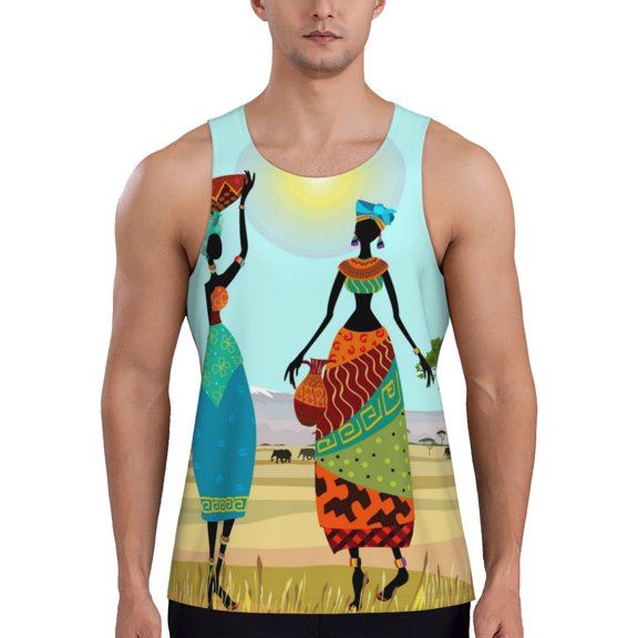 Gukieu African Women Print Men's Quick Dry Fitness Vest, Round Neck Sleeveless Fitness Bodybuilding Top-Small