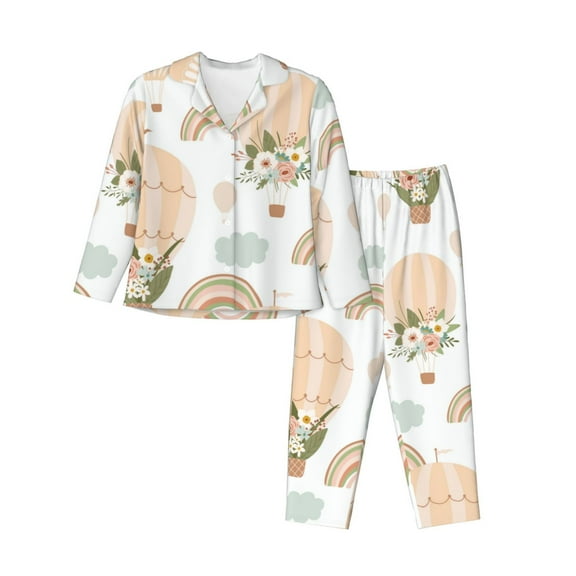 Gukieu Air Balloon and Flower Print Women's Long Sleeve Pajama Set, Button Top Elastic Pocket Pajama Pants Two Piece Set Home Wear-X-Large