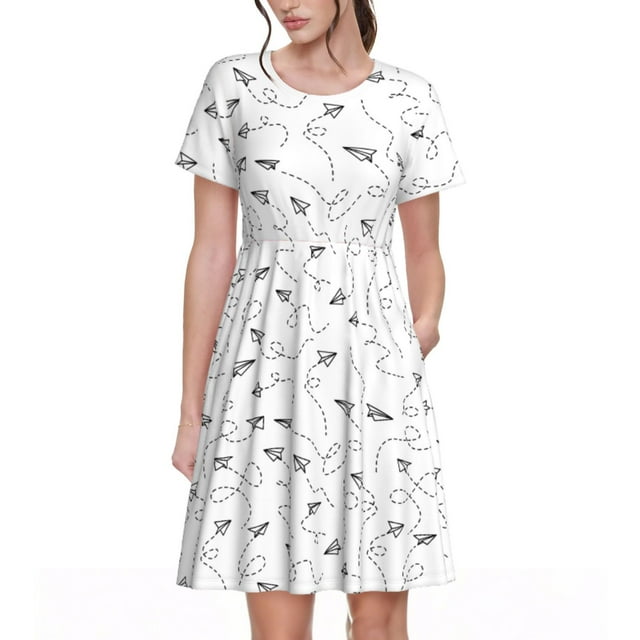 Gukieu Airplane Print Women's Short Sleeve Dress, Elastic Waistband A-line with Pockets Summer Dress, Suitable for Daily Leisure, Work, Vacation