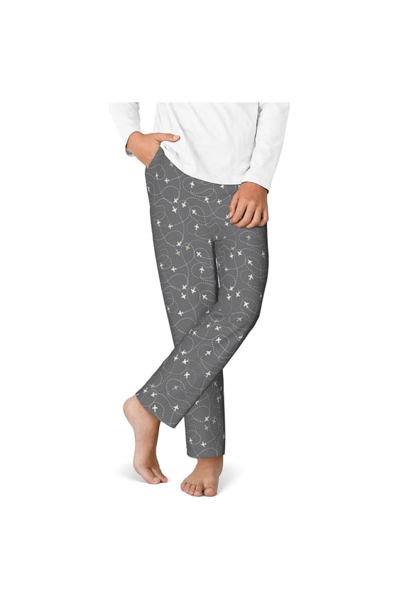 Airplane Routes Around The World Print Youth Home Trousers, Elastic Waistband with Pockets for Home and Outing, Suitable for Children Aged 5-16-Medium