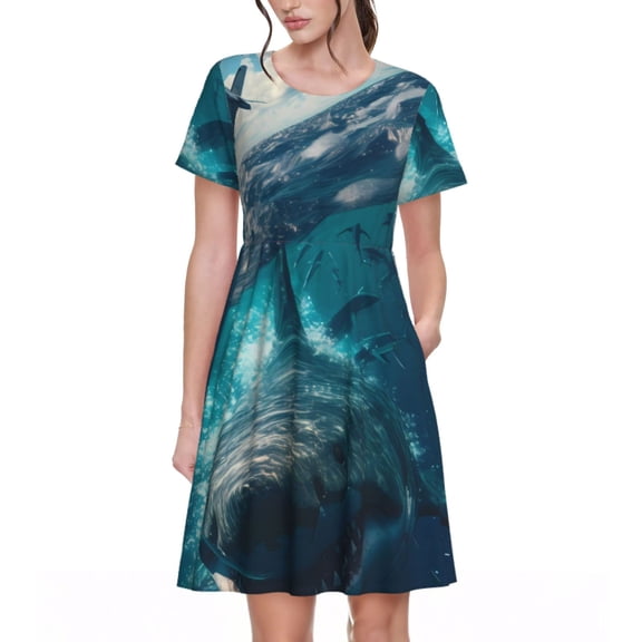 Gukieu Airplane Shark Print Women's Short Sleeve Dress, Elastic Waistband A-line with Pockets Summer Dress, Suitable for Daily Leisure, Work, Vacation