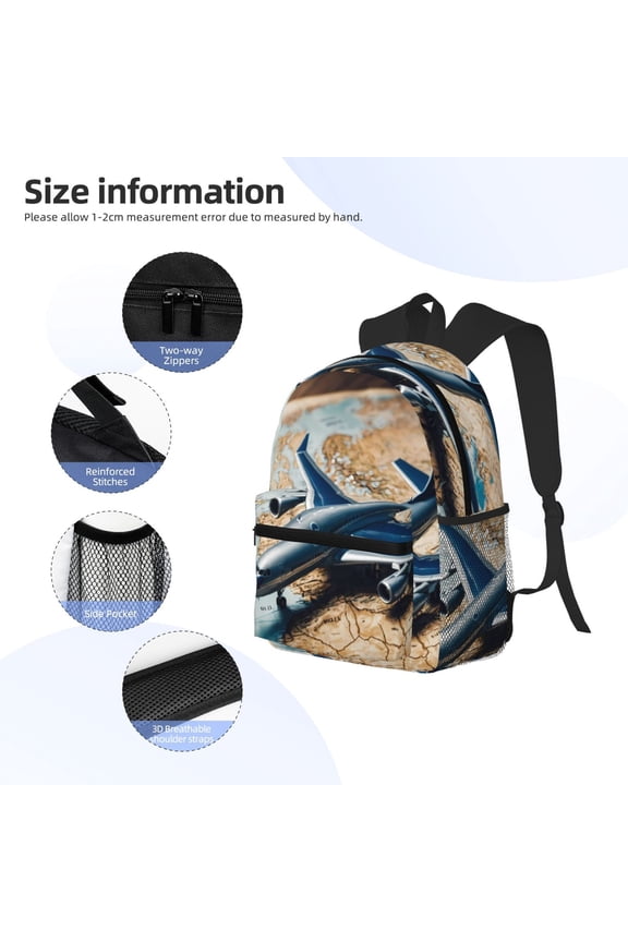 Airplane World Map Adventure Print Backpack, Waterproof Backpack with Adjustable Shoulder Straps, Suitable for Campus, Business, Travel, Unisex