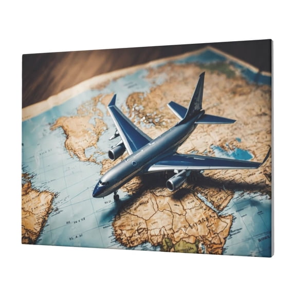 Gukieu Airplane World Map Adventure Print Horizontal Canvas Decorative Painting 12x16 Inch Shrinkage Resistant Frame Hanging Home Wall Art Decor