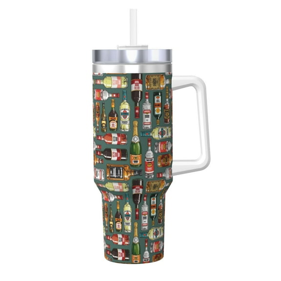 Gukieu Alcohol Bottles Print 40OZ Ice Cup, Stainless Steel Vacuum Kettle with Handle Suitable for Hot and Cold Drinks, Travel, Fitness