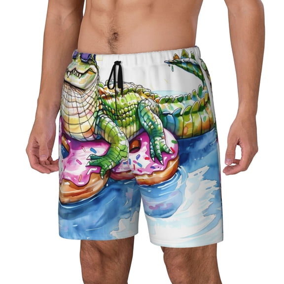 Gukieu Alligator Donut Pool Float Print Men's Double Layer Sports Swim Trunks, Quick Dry Adjustable Waist Swim Shorts Swimwear-Medium