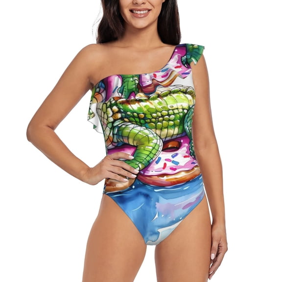 Gukieu Alligator Donut Pool Float Print One-shoulder Ruffled One-piece Swimsuit with Removable Chest Pads and Tummy-control Swimsuit for Women-Large