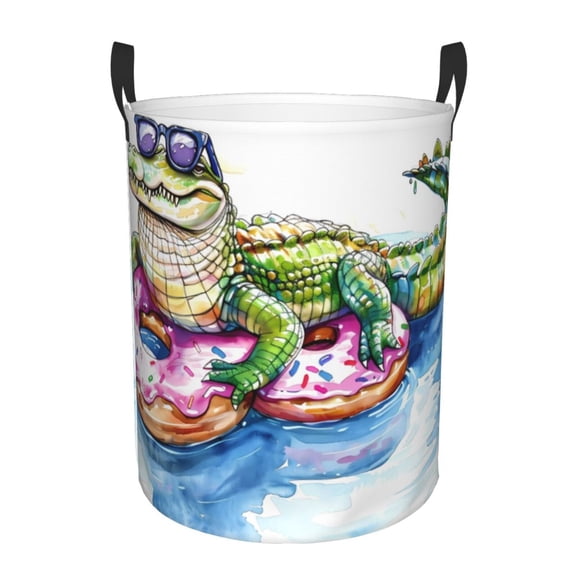 Gukieu Alligator Donut Pool Float Print Round Dirty Clothes Bag, Waterproof Standing Home Bathroom Storage Basket Car Trunk Storage Bag-Medium