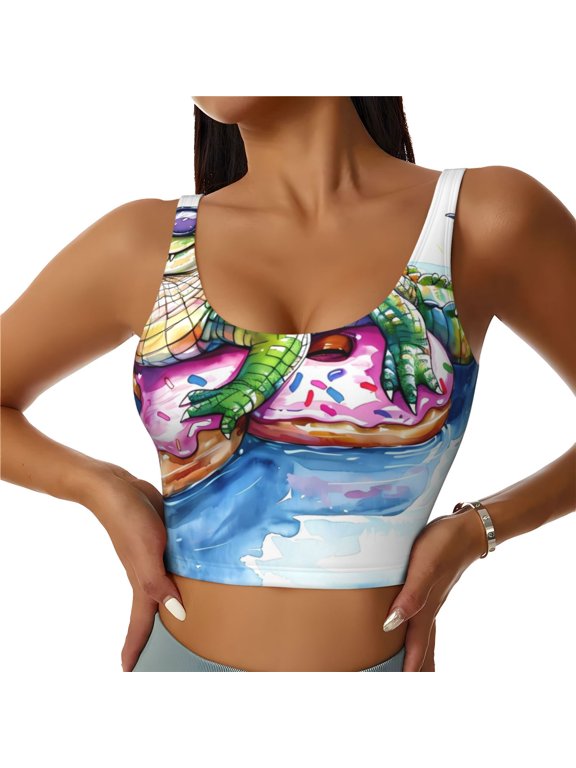 Alligator Donut Pool Float Print Women's Sports Vest, Low-neck U-shaped Removable Pad Sports Bra for Yoga, Exercise, Dance-XX-Large
