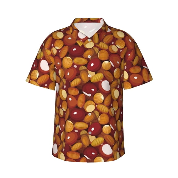 Gukieu Almond Nuts Print Men's Short-sleeved Shirts, Button-down Lapel Hawaiian Shirts, T-shirts, Beach Vacation Summer Casual Wear,Large