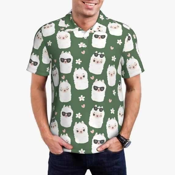 Gukieu Alpaca Faces Print Men's Quick-drying POLO Shirt, Button-down Summer T-shirt, Suitable for Work and Outdoor Activities-Large