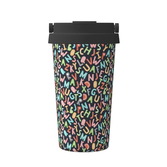Gukieu Alphabet Print Insulated Coffee Cup, Portable Stainless Steel Vacuum Cup with Lid, Unisex, Suitable for Office, Cafe, Car