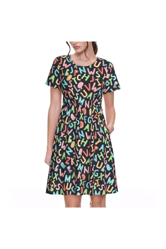 Alphabet Print Women's Short Sleeve Dress, Elastic Waistband A-line with Pockets Summer Dress, Suitable for Daily Leisure, Work, Vacation