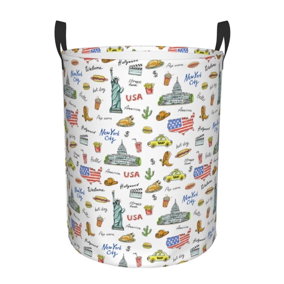 Gukieu America Landmarks Print Round Dirty Clothes Bag, Waterproof Standing Home Bathroom Storage Basket Car Trunk Storage Bag-Small