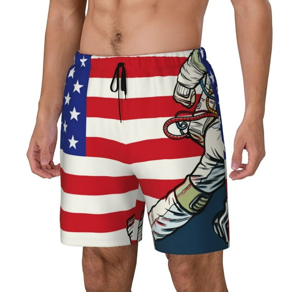 Gukieu American Astronaut Runs Forward Print Men's Double Layer Sports Swim Trunks, Quick Dry Adjustable Waist Swim Shorts Swimwear-Small