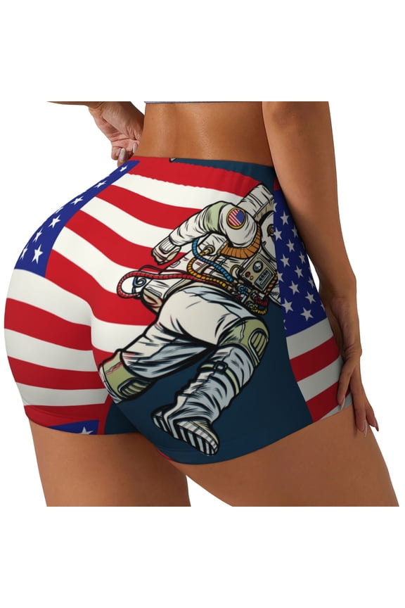 American Astronaut Runs Forward Print Women's Sports Shorts, Elastic Waist High Stretch Running Yoga Gym Sweatpants-Large
