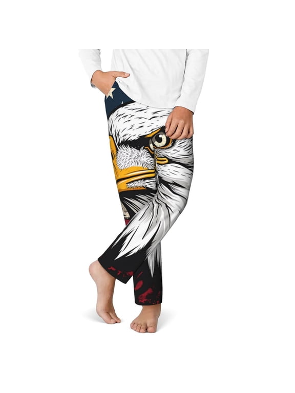 American Bald Eagle Print Youth Home Trousers, Elastic Waistband with Pockets for Home and Outing, Suitable for Children Aged 5-16-Medium