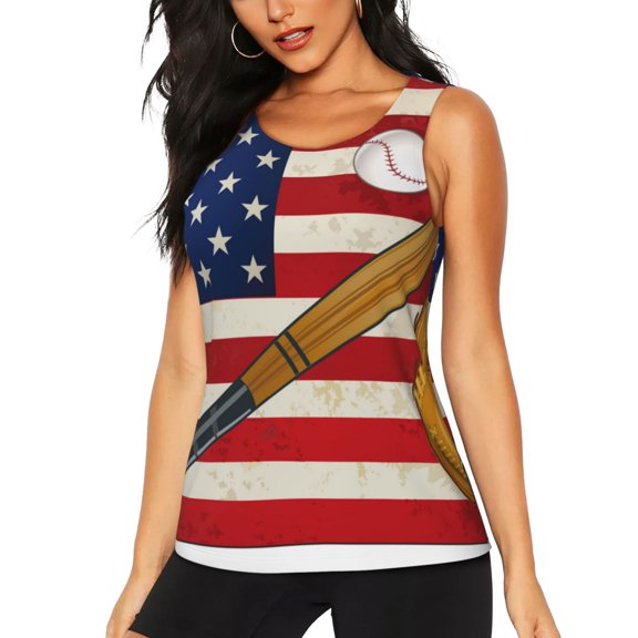 Gukieu American Flag And Baseball Print Women's Quick-drying Fitness Vest, Round Neck Sleeveless Fitness T-shirt, Suitable for Yoga, Sports-Small
